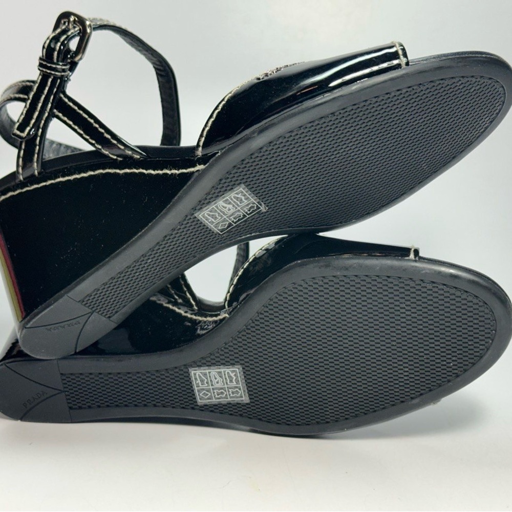 Prada Glossy Black Patent Leather Wedge Sandals Brand New In Box Size 40 /US 9.5 - Picture 4 of 11